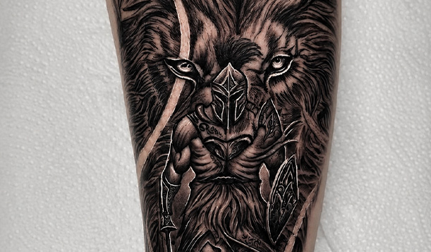 tattoo of a fierce lion with knight armor details showcasing strength and bravery in a black and gray design representing the power of two worlds